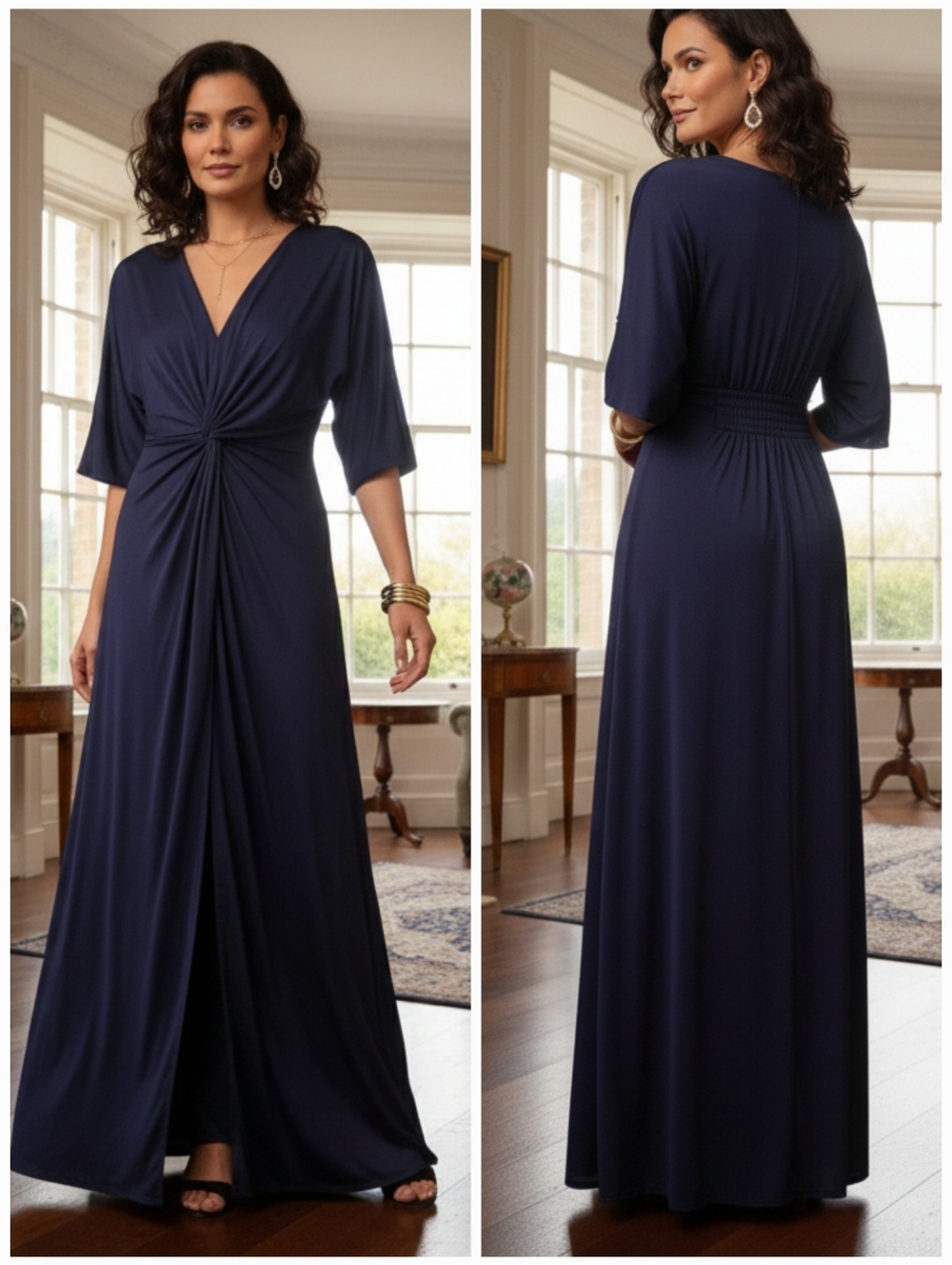 NWT KOH KOH Midnight Navy Silky Jersey Knit Maxi Dress Size M Feminine Romantic